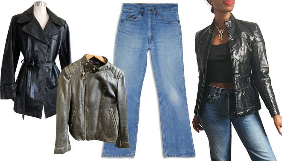 From left: Vintage 1970s Black Leather Hippie Belted Trench Coat Jacket from Boutique 369 ($165, etsy.com); Zadig & Voltaire Leather Biker Jacket ($170, vestiairecollective.com); Levi’s Secondhand Vintage Orange Tab 517 Bootcut Jeans- Mixed Styles ($128, secondhand.levi.com); FrenchToastVintage Revival Black Leather Motocross Biker Jacket ($115, marketplace.asos.com) early 1990s