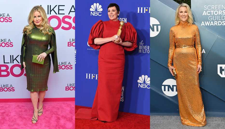 Jennifer Coolidge Olivia Colman and Catherine O Hara wearing high neck dresses