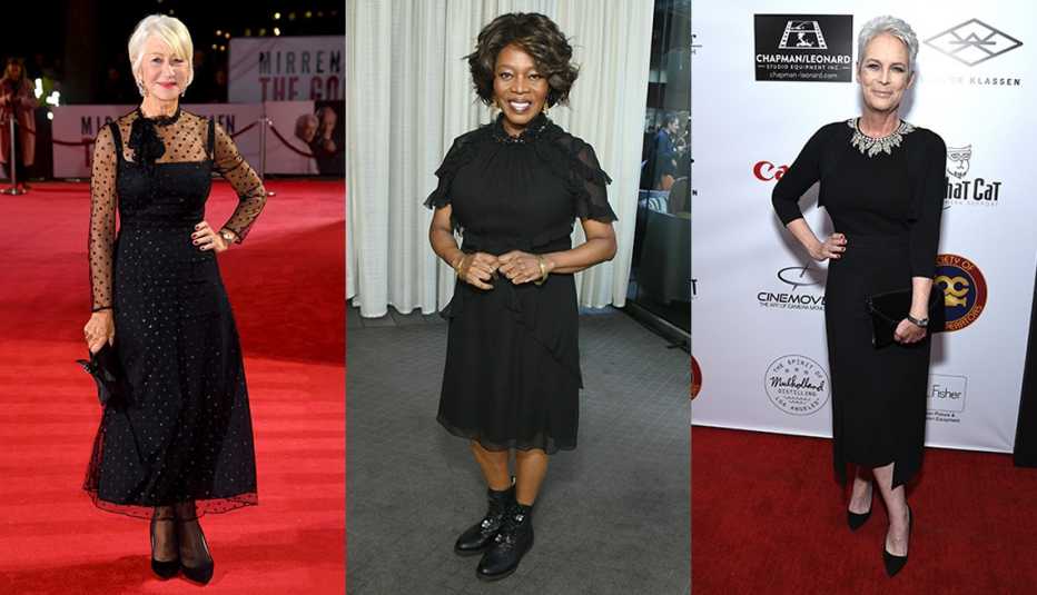Helen Mirren wears a black illusion dress Alfre Woodard wears a black frilly dress and Jamie Lee Curtis wears a black tailored dress