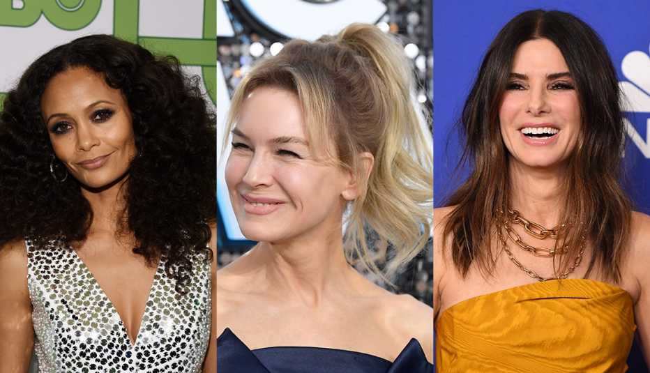 Three close up photos side by side of Thandie Newton Renee Zellweger and Sandra Bullock
