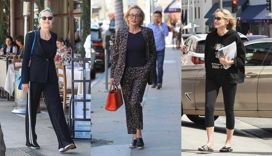 Three side by side photos of Sharon Stone side by side showing her wearing a wide leg track pants with a black blazer wearing a floral pantsuit and wearing black capri leggings with an oversized hoodie