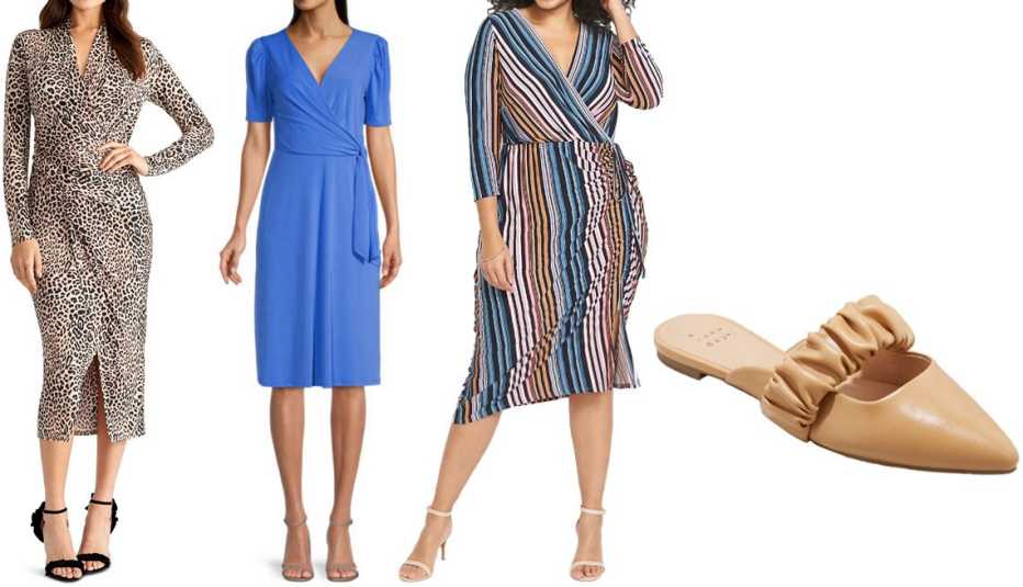 RACHEL Rachel Roy Bret Jersey Dress in Leopard; Liz Claiborne Short Sleeve Wrap-Dress in Signature Blue; Lane Bryant Surplice-Neck Side-Ruched Midi Dress in Anthem Stripe; A New Day Women’s Celeste Mules in Tan RACHEL Rachel Roy Bret Jersey Dress in Leopard; Liz Claiborne Short Sleeve Wrap-Dress in Signature Blue; Lane Bryant Surplice-Neck Side-Ruched Midi Dress in Anthem Stripe; A New Day Women’s Celeste Mules in Tan