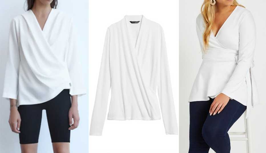 Zara Wrap Front Blouse; Banana Republic Threadsoft Wrap Top; Eloquii Peplum Wrap Top