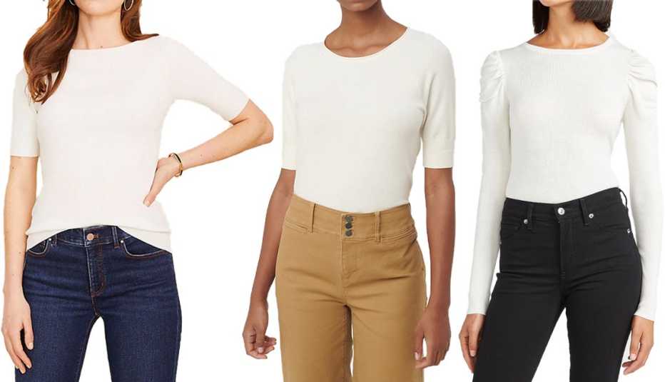 Ann Taylor Boatneck Perfect Pullover in Winter White; Loft Elbow Sleeve Sweater Tee in Whisper White; Express Ruched Sleeve Crew Neck Sweater in Ivory 3