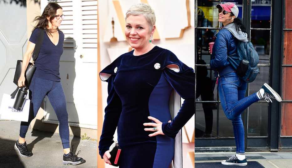 Courteney Cox walking on the sidewalk in a blue shirt and blue workout pants Olivia Colman wearing a navy blue dress at the Academy Awards and Sarah Silverman wearing a blue jacket and blue jeans