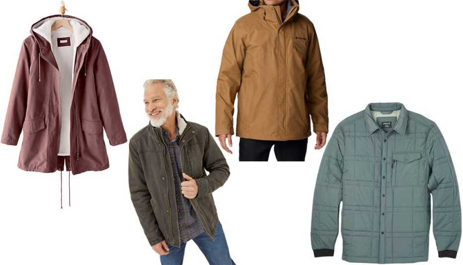 Garnet Hill 2-in-1 Sherpa-Lined Coat for Women in Warm Kalamata; FatFace Men’s Broadsands Jacket in Brown; Columbia Men’s Bugaboo II Fleece Interchange Jacket in Delta; Proof Moonweight Puffer Shirt Jacket in Gemstone Green