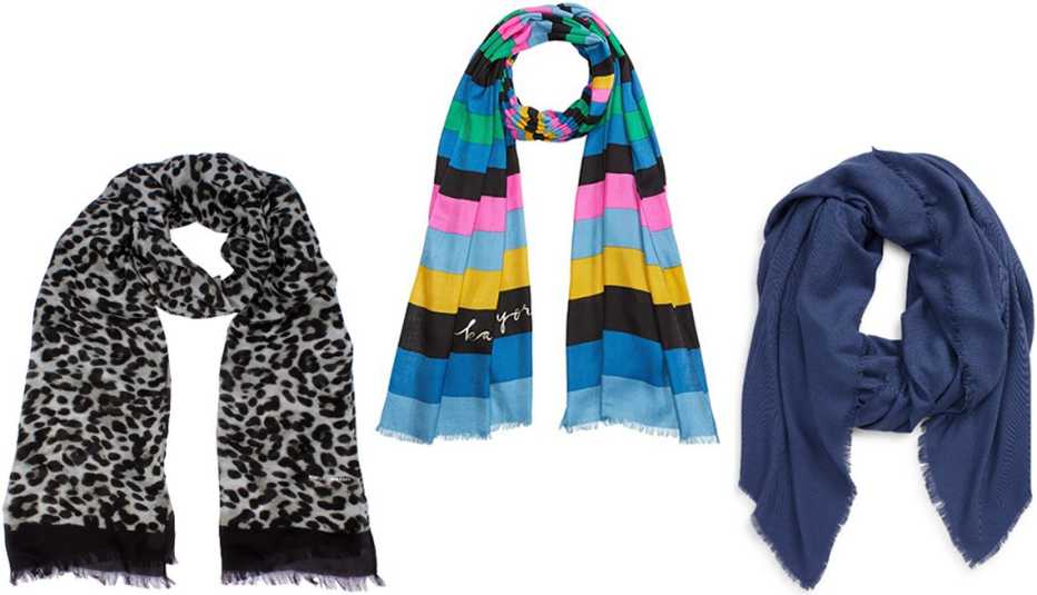 Rebecca Minkoff Animal Print Scarf in Snow Leopard; Kate Spade New York Enchanted Stripe Oblong Scarf; Tasha Oversize Scarf in blue