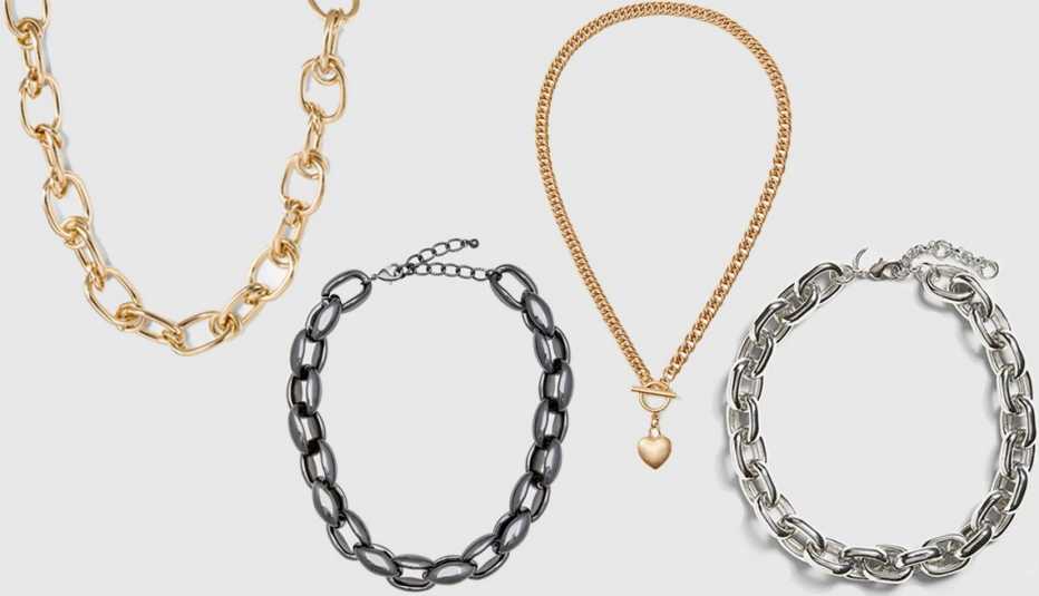 A New Day Thick Chain Link Necklace in Gold; Eloquii Chunky Chain Necklace in Hematite; Loft Heart Y Necklace; Banana Republic Chunky Link Necklace