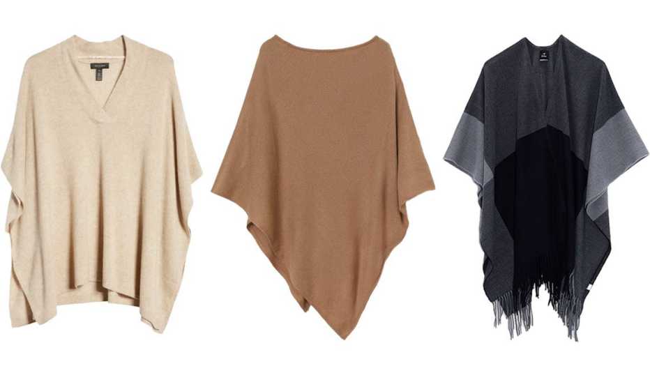 Halogen V-Neck Cashmere Poncho in beige oatmeal light heather; H&M Knit Poncho in beige; Echo Colorblock Fringe Hem Ruana in black