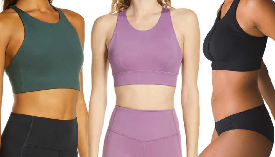 Girlfriend Collective Topanga Sports Bra in moss; Try the Zella Exhale Studio Lite Sports Bra in purple violet; Soma Sport Seamless Zip-Front Bra in black