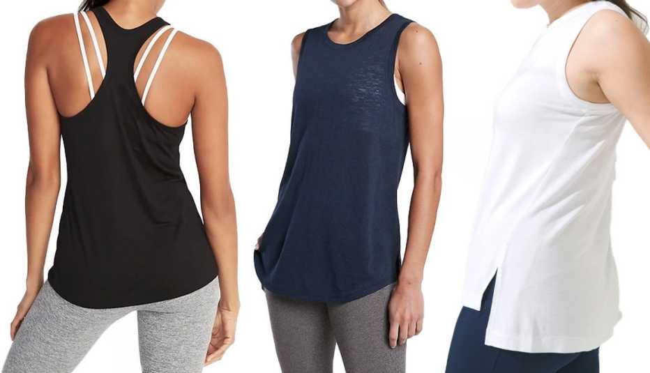Old Navy UltraLite Racerback Performance Tank for Women in black jack; Athleta Breezy Tank in navy; Soma Sport High-Low Tank in optic white Old Navy UltraLite Racerback Performance Tank for Women in black jack; Athleta Breezy Tank in navy; Soma Sport High-Low Tank in optic white