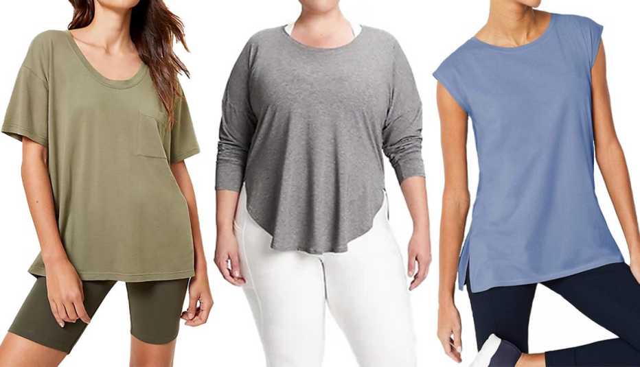 Loft Lou & Grey Pocket Softserve Tee in deep lichen green; GapFit Breathe T-Shirt in heather grey; J.Jill Fit Relaxed A-Line Tee in dusk blue