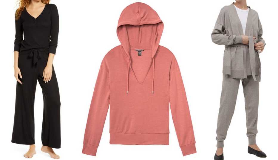 BP. Classic Cozy Lounge Pants in black; Heavenly by Victoria Supersoft Lightweight Modal Fleece Easy Pullover Hoodie in withered rose; H&M Cashmere-Blend Joggers in taupe melange