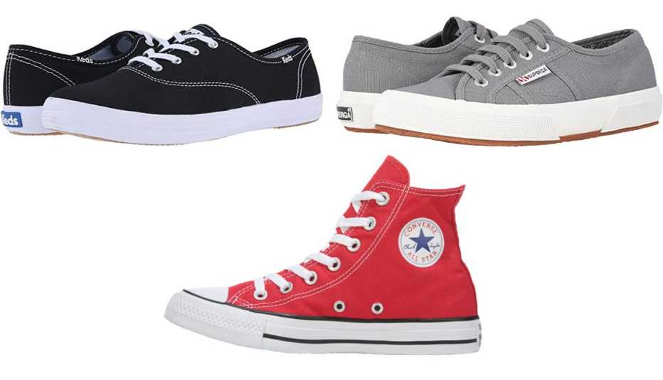 Keds Champion-Canvas CVO in Black Canvas; Superga Women’s Classic Low-Top Sneakers in Grey Sage; Converse Chuck Taylor All Star Hi-Top Sneaker in Red