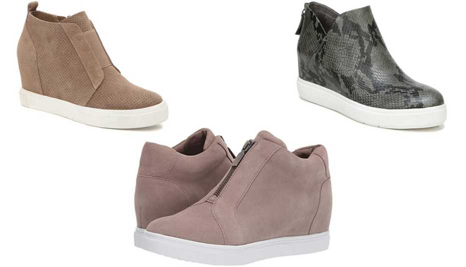 Steve Madden Wavery Wedge Sneaker in taupe; Dr. Scholl’s Madison Sneaker Bootie in grey; Blondo Glenda Waterproof in Mushroom Suede