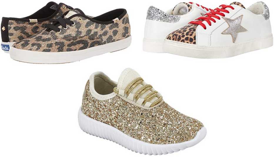 Kids x Kate Spade New York Champion Leopard in Tan Multi Glitter; Steven New York Rubie in White Leopard; Forever Link Remy Women Sequin Lightweight Glitter Sneakers in gold