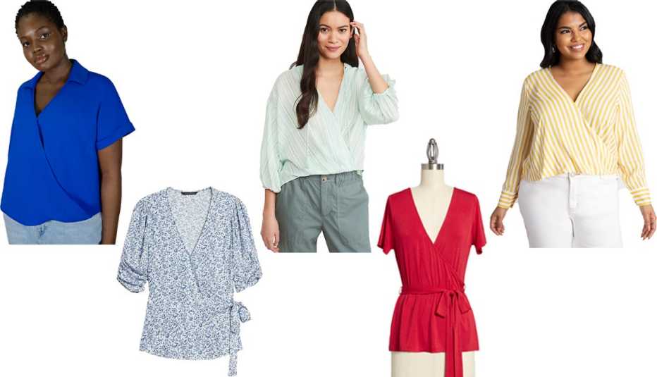 Eloquii Crossover Top with Collar in Plava Banana Republic Ecovero Wrap Top in Navy Blue Ikat Loft Lou and Grey Striped Wrap Shirt in Willow Modcloth The Surplice is Right Faux Wrap Top in Red Eloquii Crossover Top in Yellow White