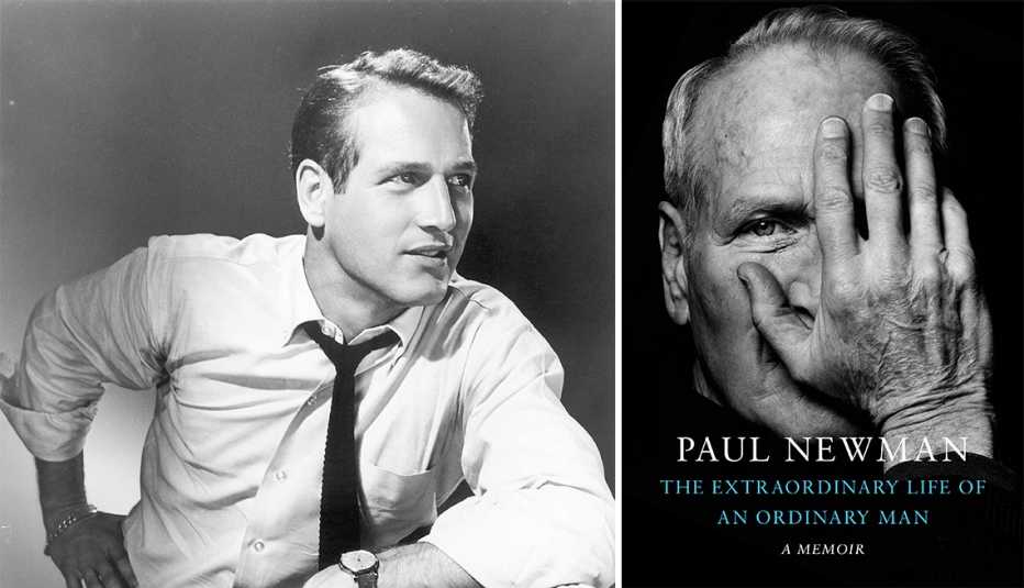 paul newman in a film still from the sixties as a young man and the cover of his memoir