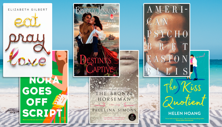 Beach read book covers from left to right, top to bottom, Eat Pray Love by Elizabeth Gilbert, Destiny's Captive by Beverly Jenkins, American Psycho by Bret Easton Ellis, Nora Goes Off Script by Annabel Monaghan, The Bronze Horseman by Paullina Simons, The Kiss Quotient by Helen Hoang book covers eat pray love by elizabeth gilbert then destiny's captive by beverly jenkins then american psycho by bret easton ellis then nora goes off script by annabel monaghan then the bronze horseman by paullina simons then the kiss quotient by helen hoang