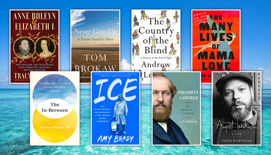from left to right top anne boleyn and elizabeth the first by tracy borman then never give up by tom brokaw then the country of the blind by andrew leland then the many lives of mama love by lara love harden bottom left to right the in between by hadley vlahos then ice by amy brady then president garfield by c w goodyear then august wilson by patti hartigan