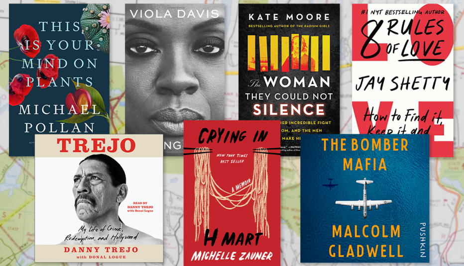 From left to right, top to bottom: This is Your Mind on Plants by Michael Pollan, Finding Me by Viola Davis, the Woman They Could Not Silence by Kate Moore, 8 Rules of Love by Jay Shetty, Trejo by Danny Trejo, Crying in H Mart by Michelle Zauner, the Bomber Mafia by Malcolm Gladwell