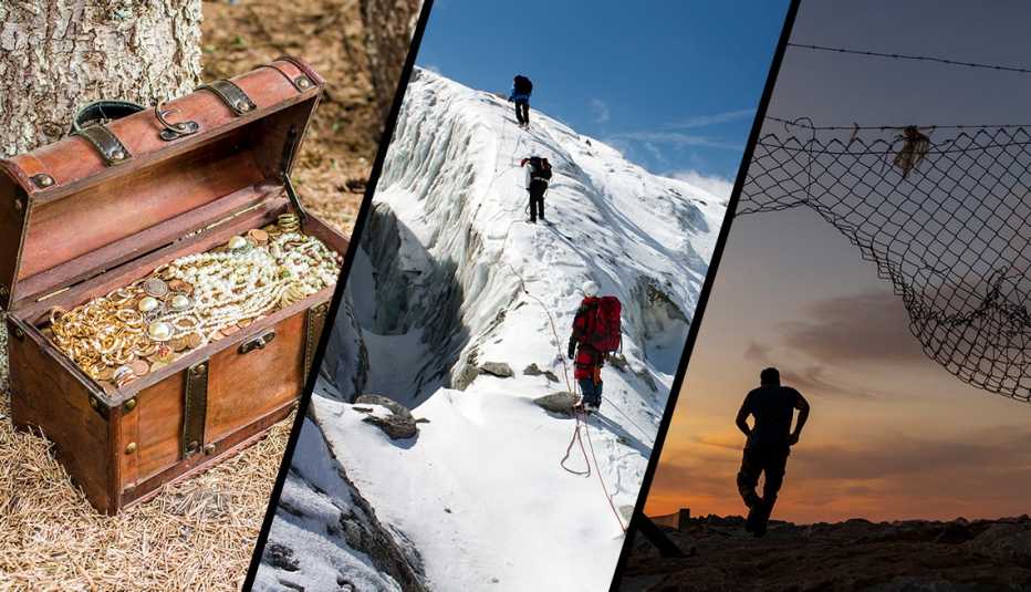 three scenes of adventure from left to right a treasure chest full of gold and jewels a mountain climbing expedition and a man escaping prison