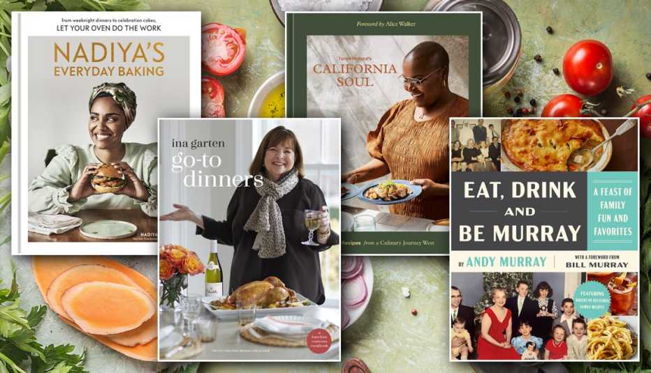 from left to right nadiyas everyday baking then go to dinners then california soul then eat drink and be murray
