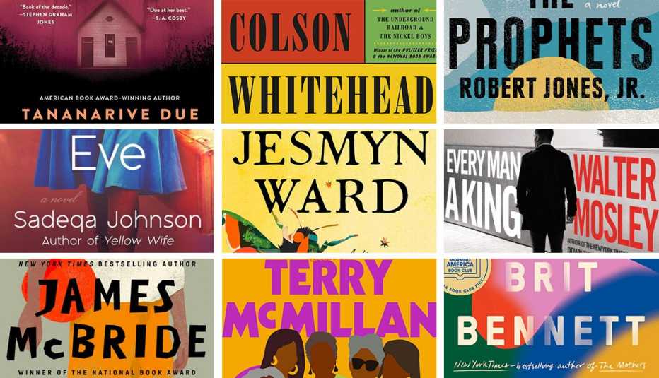 left to right top to bottom book cover excerpts from nine black authors tananarive due colson  whitehead robert jones junior sadeqa johnson jesmyn ward walter mosley james mcbridge terry mcmillan brit bennett