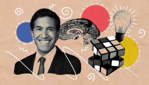 Colorful illustration of Sanjay Gupta smiling with brain, Rubik's cube, and light bulb