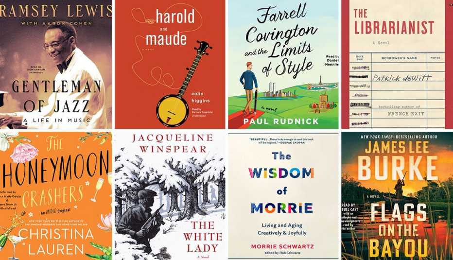 from left to right audiobooks gentleman of jazz by ramsey lewis then harold and maude by colin higgins then farrel covington and the limits of style by paul rudnick then the librarianist by patrick dewitt then the honeymoon crashers by christina lauren then the white lady by jacqueline winspear then the wisdom of morrie by morrie shwartz then flags on the bayou by james lee burke