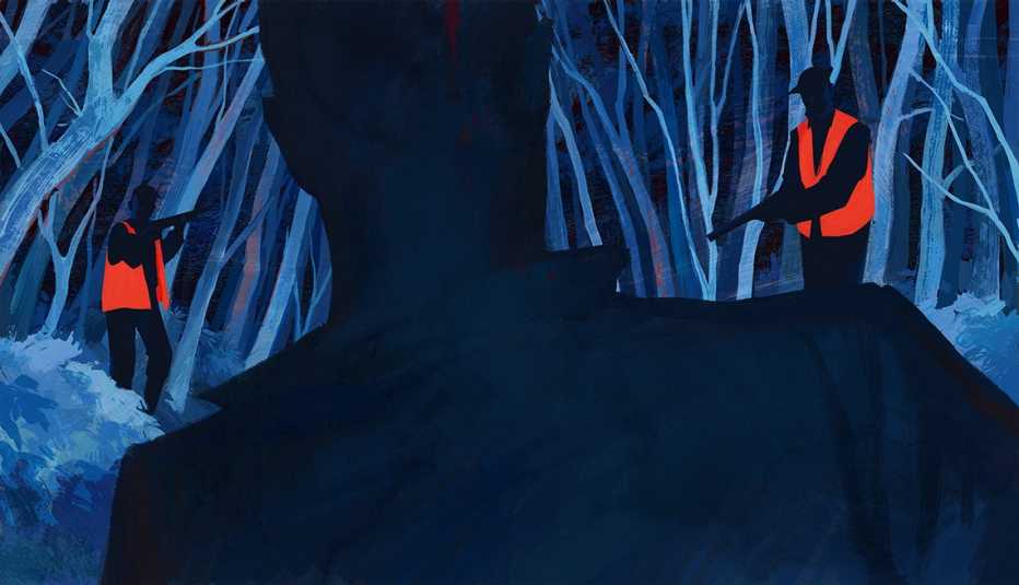 Illustration of an over-shoulder silhouette of a man heading into a forest; in front of him are two people in bright orange hunting vests who are coming toward him and pointing shotguns at him Illustration of an over-shoulder silhouette of a man heading into a forest; in front of him are two people in bright orange hunting vests who are coming toward him and pointing shotguns at him