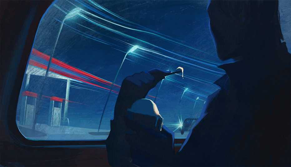 Illustration of a man seen in silhouette from behind eating light-colored ice cream while looking out the window of a vehicle towards another vehicle and a gas station