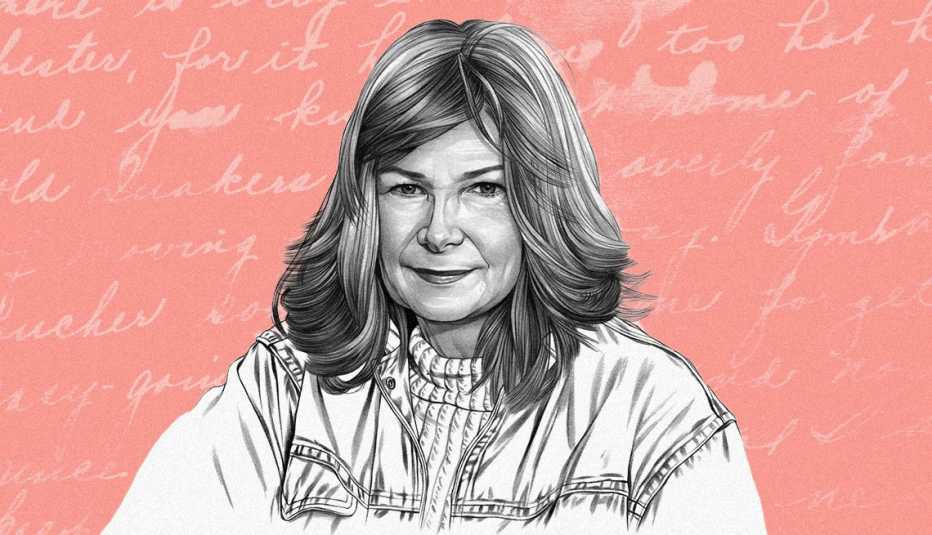Illustration of Delia Owens with cursive writing in the background