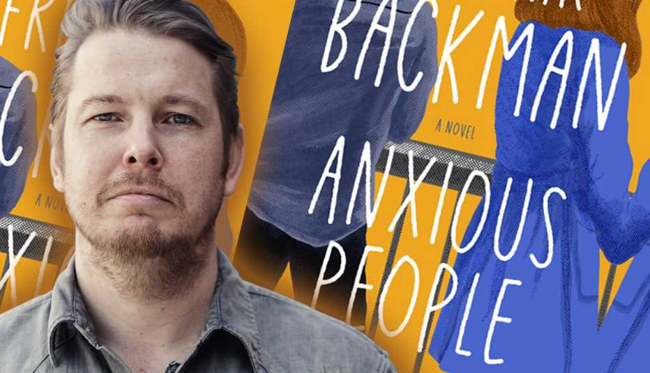 author frederik backman in front of an image of his latest book titled anxious people author frederik backman in front of an image of his latest book titled anxious people