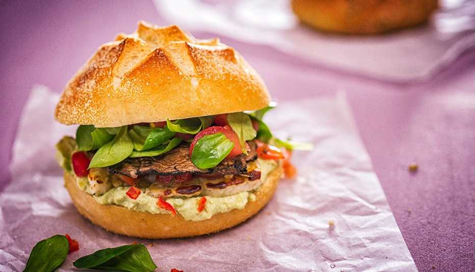 Mushroom vegetarian burger on a bun.