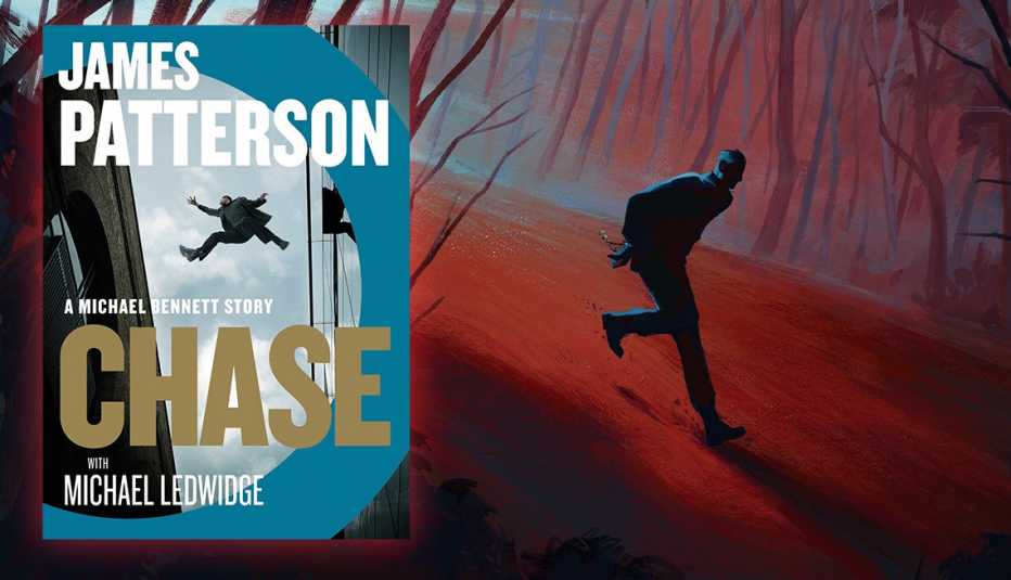 cover of james patterson's book chase overlaid on a mysterious-looking illustration of a man in silhouette running past shadowy trees