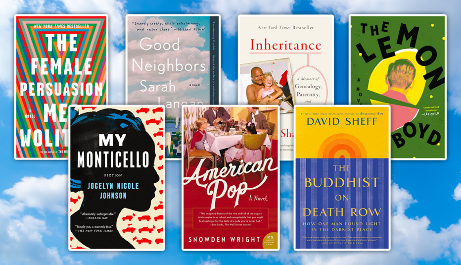 from left to right top to bottom the female persuasion by meg wolitzer then good neighbors by sarah langan then the lemon by s e boyd then my monticello by jocelyn nicole johnson then american pop by snowden wright then the buddhist on death row by david sheff