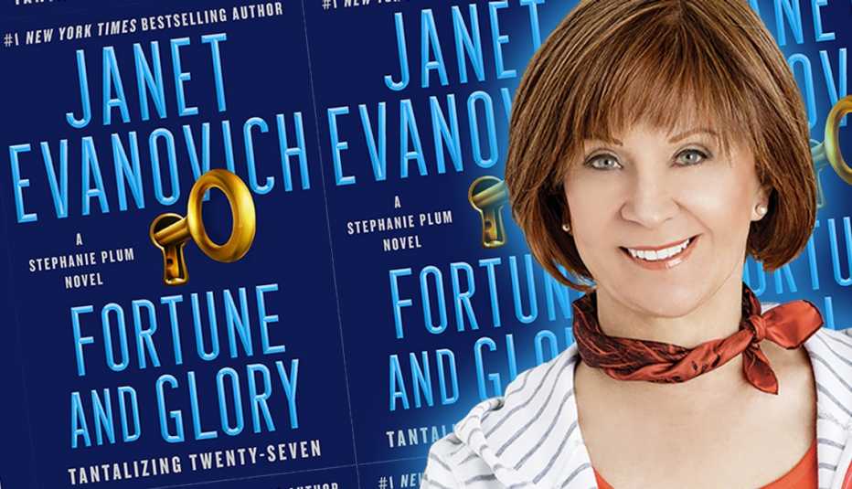 author janet evanovich and the cover of her latest book titled fortune and glory author janet evanovich and the cover of her latest book titled fortune and glory