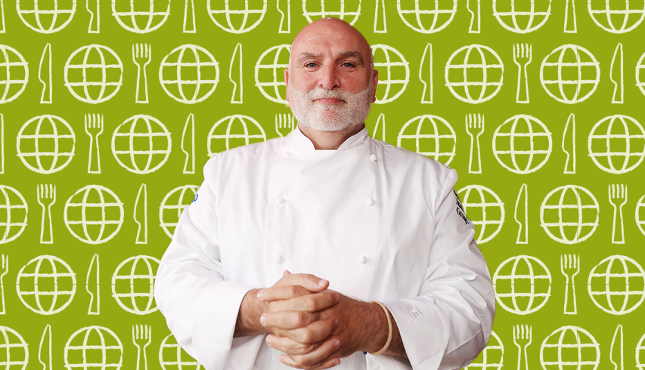 José Andrés in chef outfit against green background with cutouts of forks, knives and globes josé andrés in chef outfit against green background with cutouts of forks, knives and globes