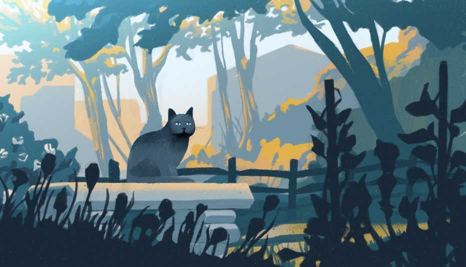 illustration of a dark gray cat with light blue eyes staring intently from its seat on a white stone bench in the center of a garden surrounded by trees