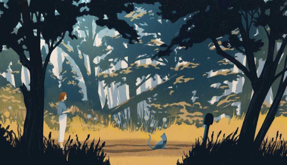 illustration shows anna kate standing in the middle of a golden-orange lane; a gray cat sitting on the ground in front of her looks back