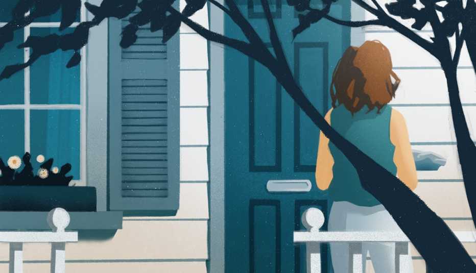 illustration showing a woman outside the door of a house with a pan in her hands