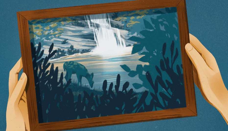 illustration of hands holding a framed photo of a doe drinking from a body of water at the base of a skinny waterfall