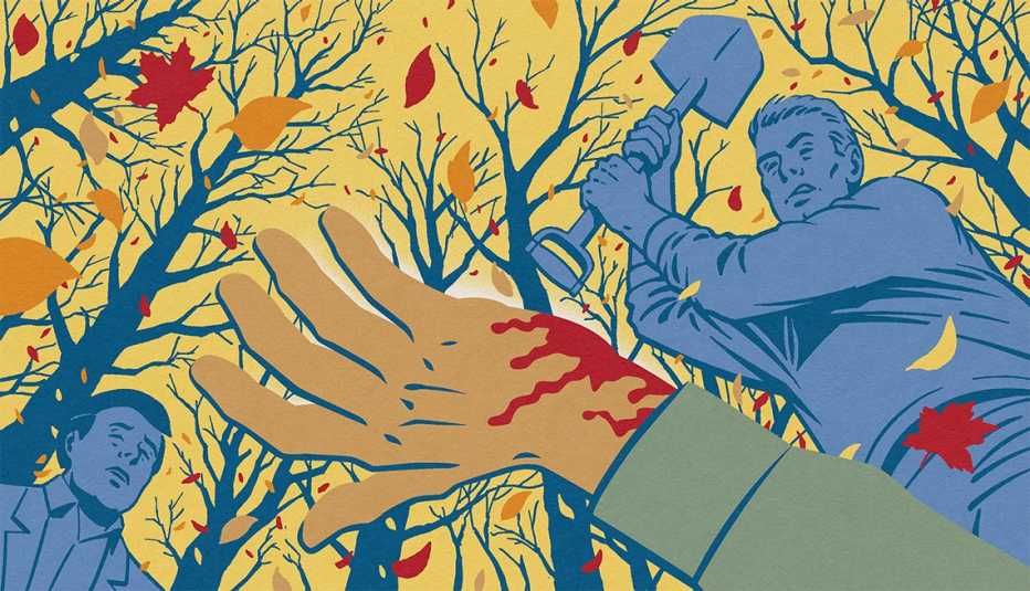 illustration showing a bloody hand reaching up from the ground with two men standing above, one holding a spade over his head, with red and yellow leaves falling from tall, almost bare trees illustration showing a bloody hand reaching up from the ground with two men standing above, one holding a spade over his head, with red and yellow leaves falling from tall, almost bare trees