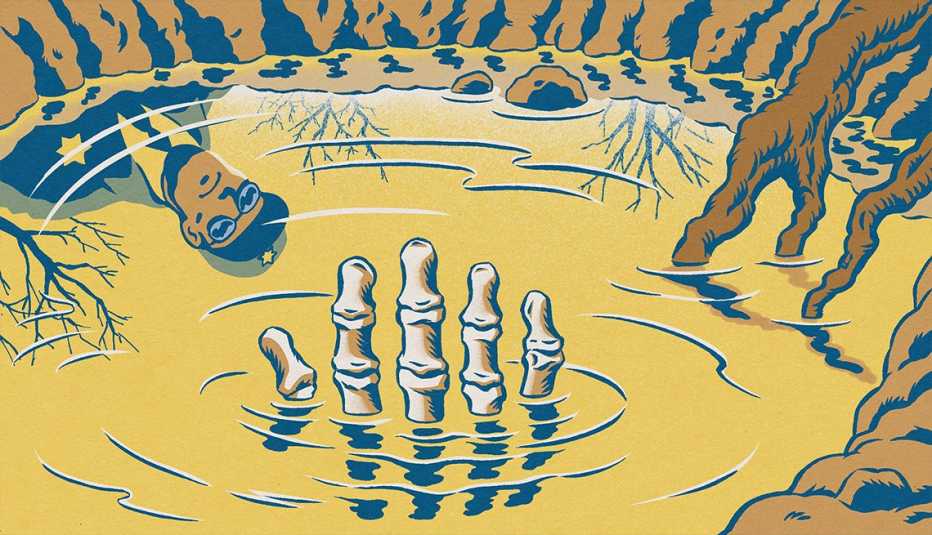 illustration showing finger bones protruding from a muddy pool with tree roots and a reflection of a man looking down illustration showing finger bones protruding from a muddy pool with tree roots and a reflection of a man looking down