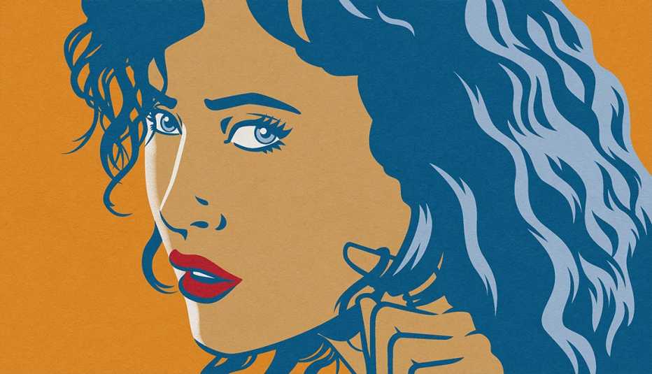 illustration of a woman with red lips twirling strands of her wavy hair around her finger illustration of a woman with red lips twirling strands of her wavy hair around her finger