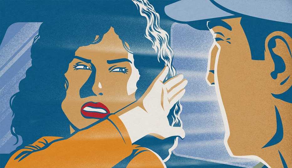 illustration of a woman and man in a vehicle; a light is shining through the window and the woman is blocking it with her hand and squinting illustration of a woman and man in a vehicle; a light is shining through the window and the woman is blocking it with her hand and squinting