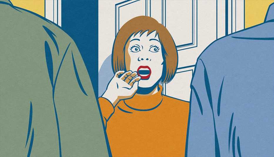 illustration of a woman standing at her open front door with her hand raised to her mouth, standing in front of her are two people with only their backs visible from this view illustration of a woman standing at her open front door with her hand raised to her mouth, standing in front of her are two people with only their backs visible from this view