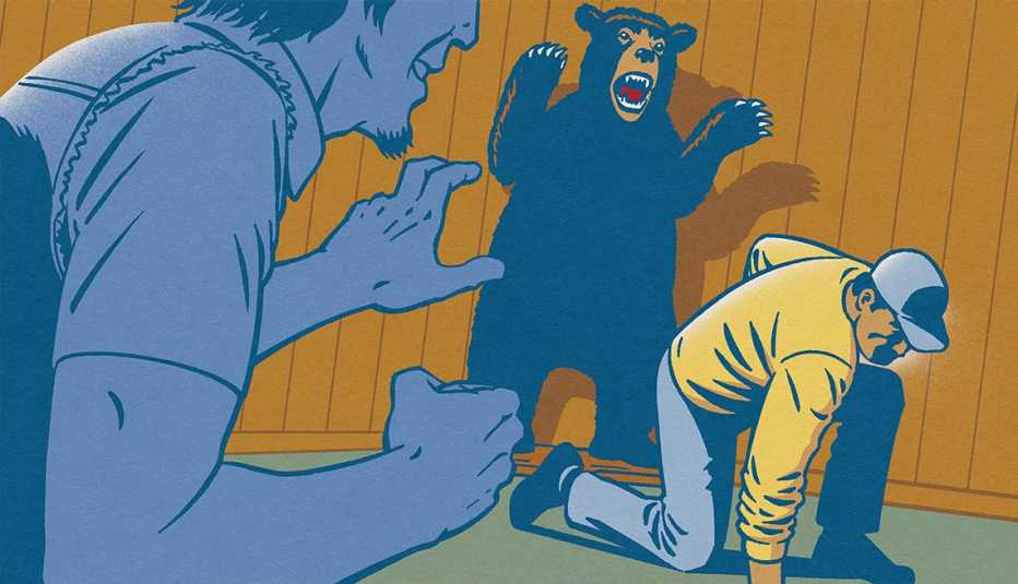 illustration of two men fighting, one with a goatee, making a fist and one kneeling on the ground in front of a menacing looking bear illustration of two men fighting, one with a goatee, making a fist and one kneeling on the ground in front of a menacing looking bear