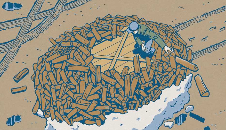 illustration of a man surrounded by a precarious pile of split firewood in the snow, and tire tracks and footprints illustration of a man surrounded by a precarious pile of split firewood in the snow, and tire tracks and footprints